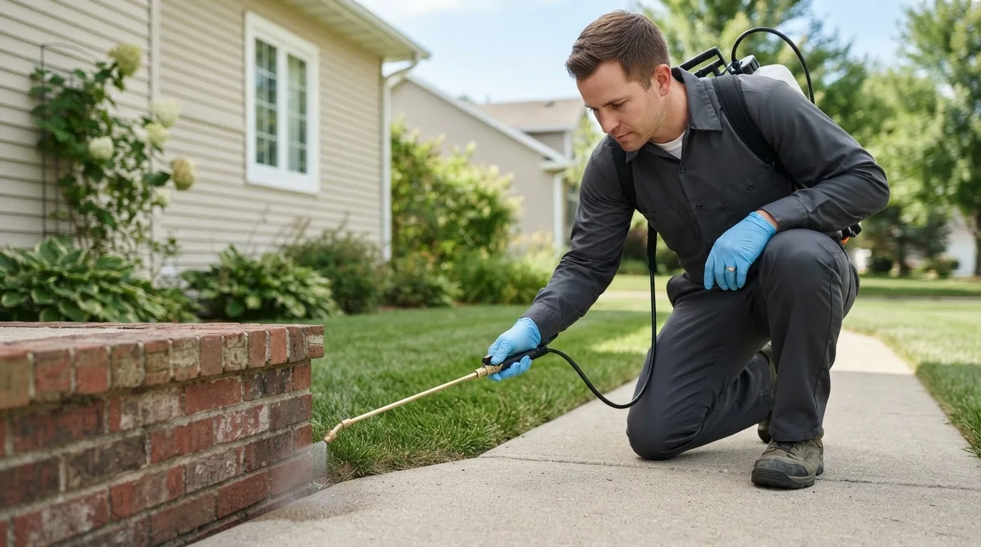 Pest control technician treating a home near Holbrook, NY