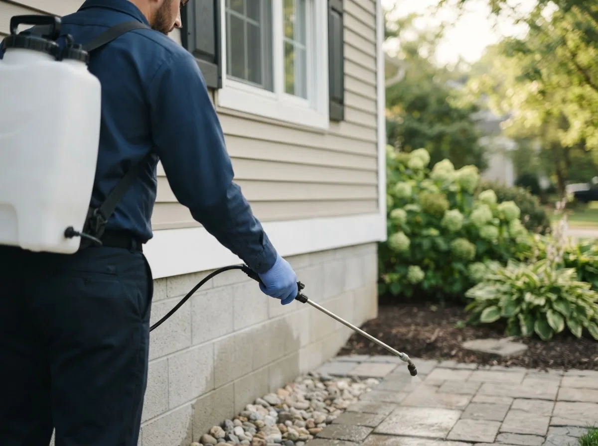 Pest control technician inspecting a home in Holbrook, NY
